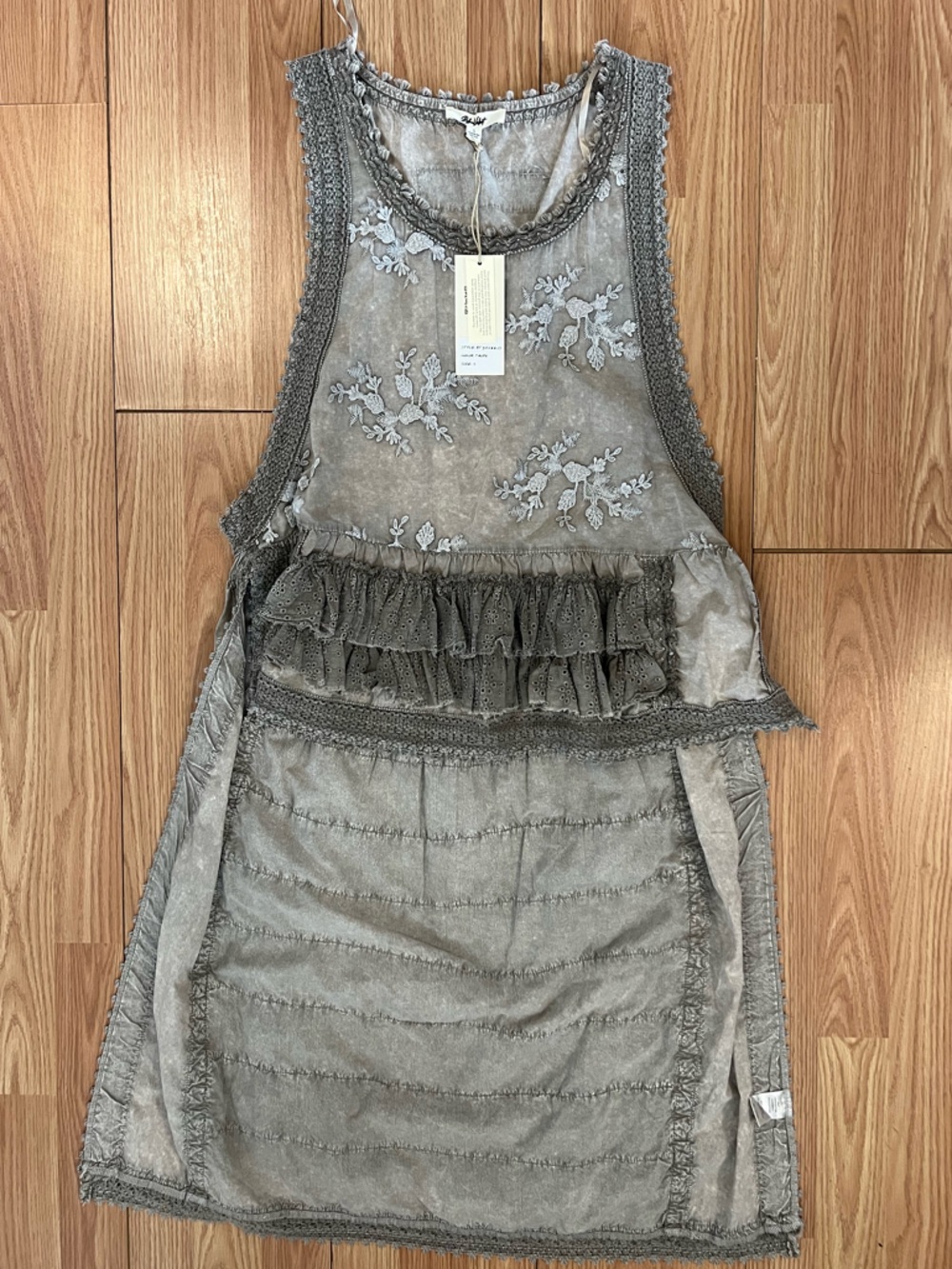 Women’s Ruffled Embroidered Tunic in Taupe